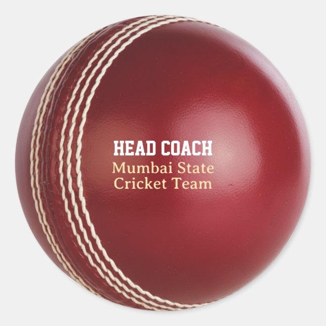 Sticker Rond Test Match Red Cricket Ball avec texte personnalis (Devant)