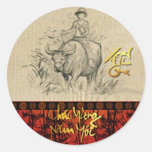 Sticker Rond Têt du Nouvel An vietnamien OX et Enfant 2021 RS