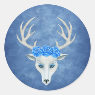 Sticker Rond Tête de cerf blanc Visage bleu yeux Roses Antlers