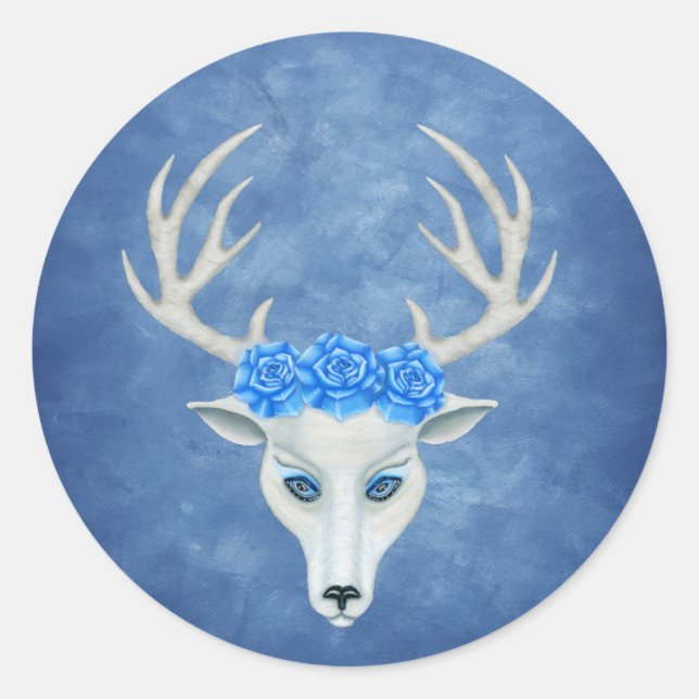 Sticker Rond Tête de cerf blanc Visage bleu yeux Roses Antlers (Devant)