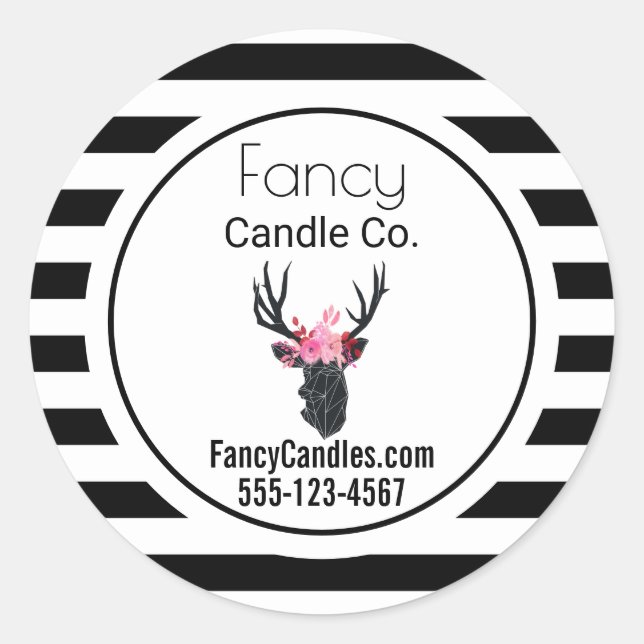 Sticker Rond Tête de cerf géométrique avec B&W Stripes Business (Devant)