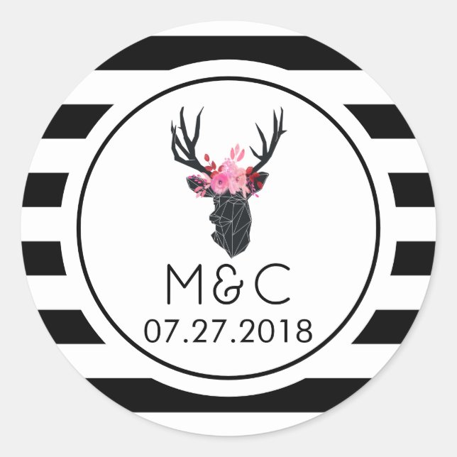 Sticker Rond Tête de cerf géométrique sur les rayures de B&W (Devant)