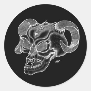 Sticker Rond Tête de diable crâne noir et blanc
