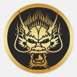 STICKER ROND TÊTE DE DRAGON ORIENTALE D'OR