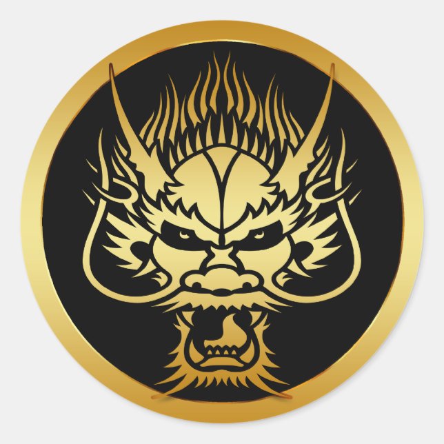 STICKER ROND TÊTE DE DRAGON ORIENTALE D'OR (Devant)