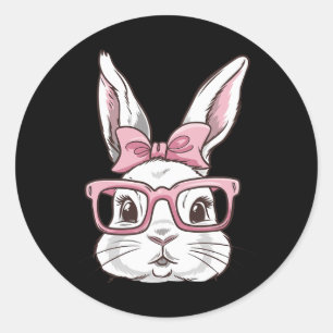 Sticker Rond Tête De Lapin Avec Sungles Rose Cravate De Bow Jou