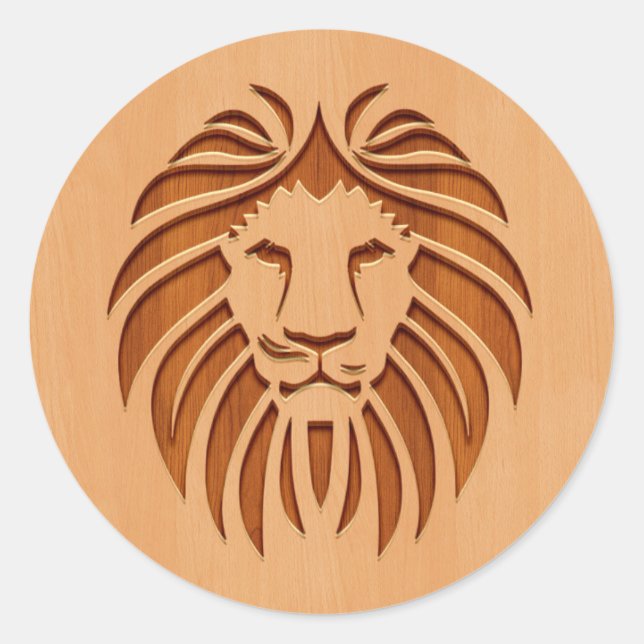 Sticker Rond Tête de lion gravée sur le bois (Devant)