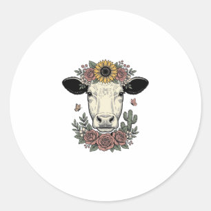 Sticker Rond Tête de vache florale dessin vintage gravure Desig