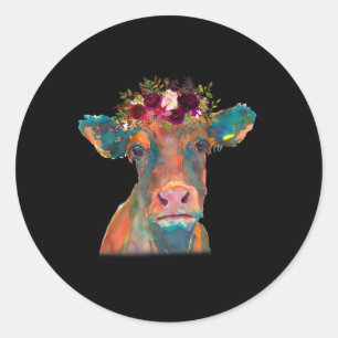 Sticker Rond Tête de vache Tête Impression Aquarelle colorée Fl