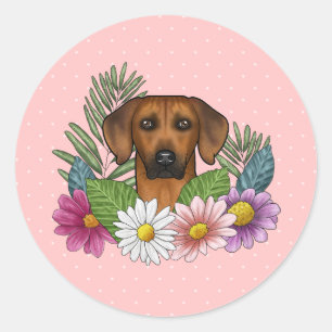 Sticker Rond Tête Rhodésienne Ridgeback Fleurs Colorées Sur Ros