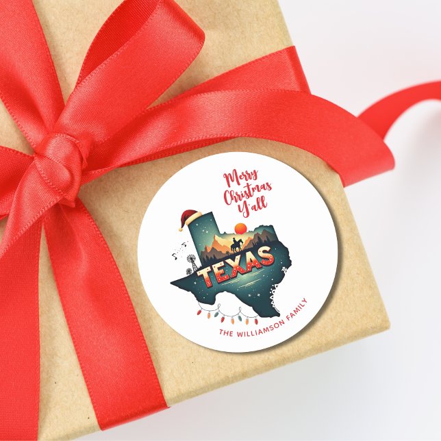 Sticker Rond Texas State Joyer Noël Y'all Custom Holiday (Personalize with name & text.  Matching items available in collection.)
