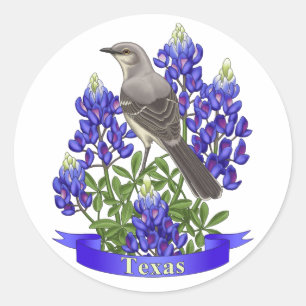 Sticker Rond Texas State Mockingbird & Bluebonnet Flower