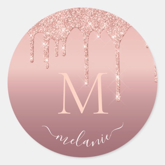 Sticker Rond Texte de nom de monogramme Rose Gold Blush Paillet (Devant)
