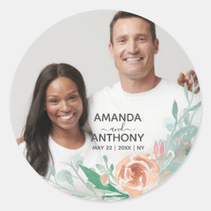 Sticker Rond Texte des fleurs et photo personnalisée