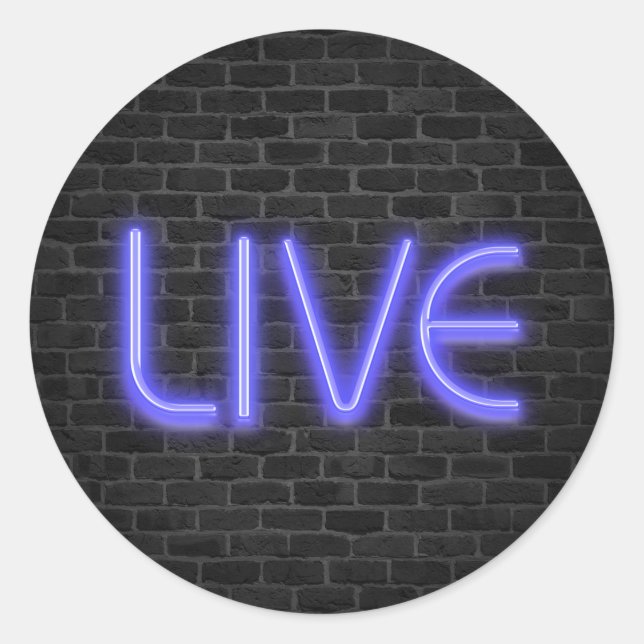 Sticker Rond Texte LIVE en néon lumières sur brique (Devant)