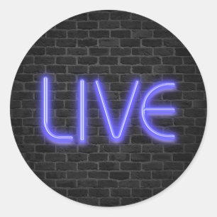 Sticker Rond Texte LIVE en néon lumières sur brique