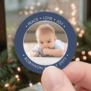 Sticker Rond Texte Navy Blue & White Peace Love Joy Photo