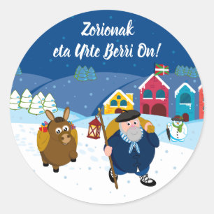 Sticker Rond Texte personnalisé Basque Olentzero scène de neige