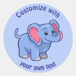Sticker Rond Texte personnalisé Carton Eléphant bleu