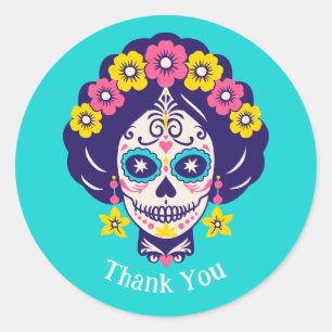 Sticker Rond Texte personnalisé Fille Crâne de Sucre Floral Cla