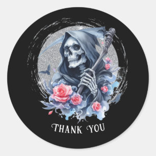 Sticker Rond Texte personnalisé Grim Reaper Floral Vintage Pail
