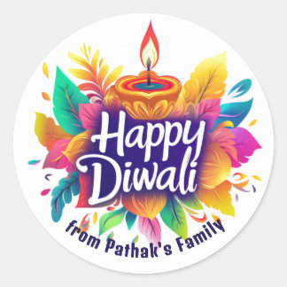 Sticker Rond Texte personnalisé, Joyeux Diwali Diya et feuilles
