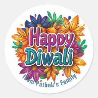 Sticker Rond Texte personnalisé, Joyeux Diwali Floral Burst