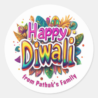 Sticker Rond Texte personnalisé, Joyeux Diwali Leaf Burst
