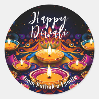 Sticker Rond Texte personnalisé, Joyeux Diwali Multi‑Diyas