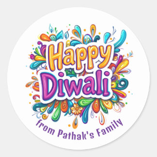 Sticker Rond Texte personnalisé, Joyeux Diwali Spirale & Feuill