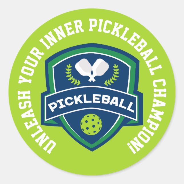 Sticker Rond Texte personnalisé Pickleball vert et bleu (Devant)