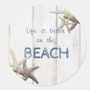 Sticker Rond Texture de bois adorable, étoile de mer, plage