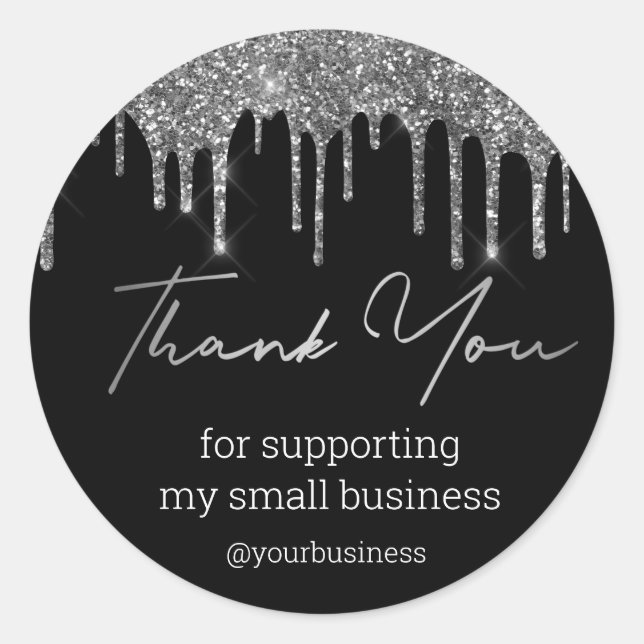 Sticker Rond thank you black and silver glitters small business (Devant)