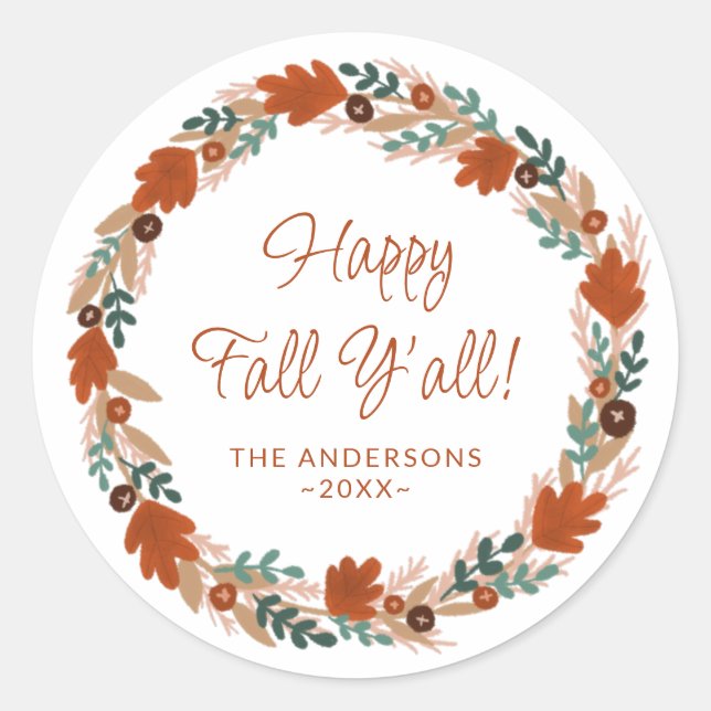 Sticker Rond Thanksgiving Autumn Wreath Happy Fall Y’all (Devant)