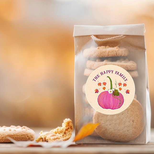 Sticker Rond Thanksgiving citrouilles chute feuillage personnal (Thanksgiving Fall Pumpkin Pink Packaging and Party Favor Bags. Easy to personalize)