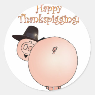 Sticker Rond Thanksgiving drôle de porc de bande dessinée de