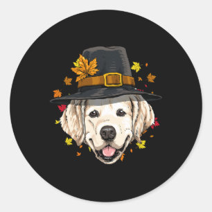 Sticker Rond Thanksgiving Golden Retriever Pilgrie Turquie Jour