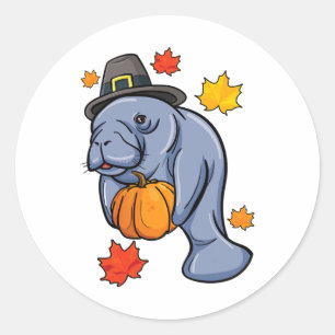 Sticker Rond Thanksgiving Manatee Pilgrim Fall Citrouille Dugon