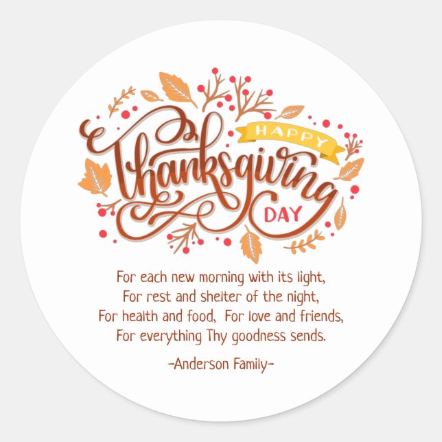 Sticker Rond Thanksgiving Poem Pays Rustique Autumn Foliing (Devant)