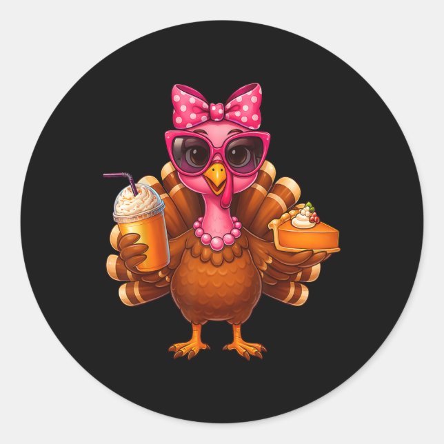 Sticker Rond Thanksgiving Turkey Drinking Coffee Bow Pie Turkey (Devant)