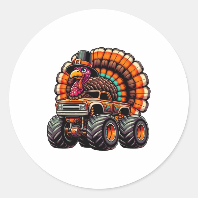 Sticker Rond Thanksgiving Turkey Riding Monster Truck Boys Kids (Devant)