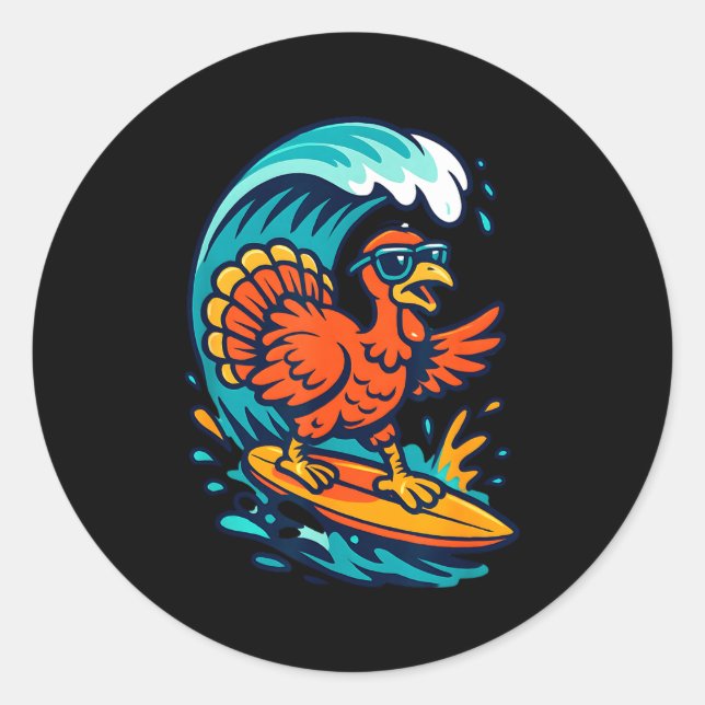 Sticker Rond Thanksgiving Turkey Surfer Surfing  (Devant)