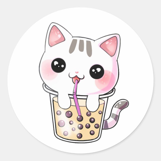 Sticker Rond Thé à bulle de chat Kawaii (Devant)