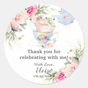 Sticker Rond Thé à la Fleur Rose Fête de Naissance Mariage Anni