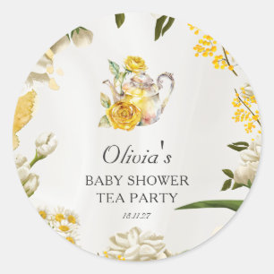 Sticker Rond Thé dansant Baby Shower Floral Papier jaune vert