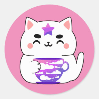 Sticker Rond Thé de chat Galaxy