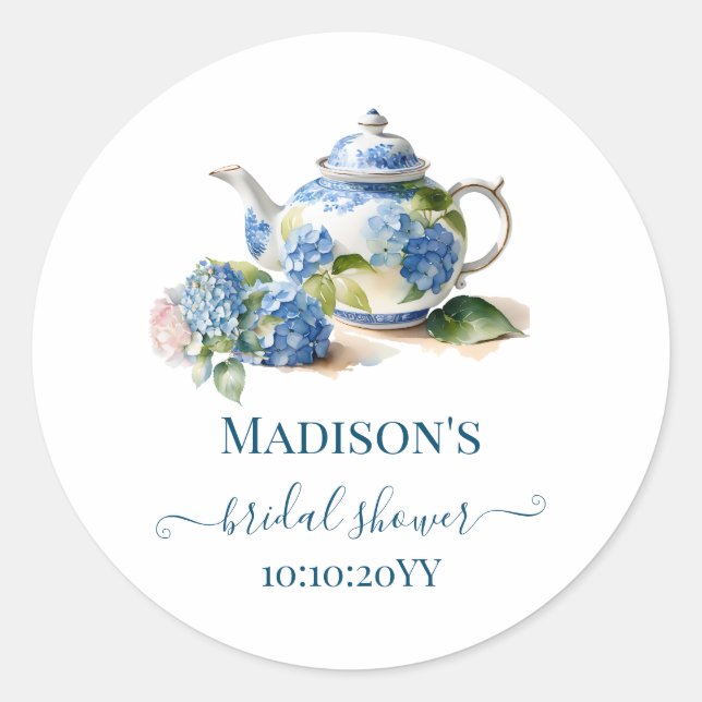 Sticker Rond Thé de mariage aux hortensias bleus (Devant)