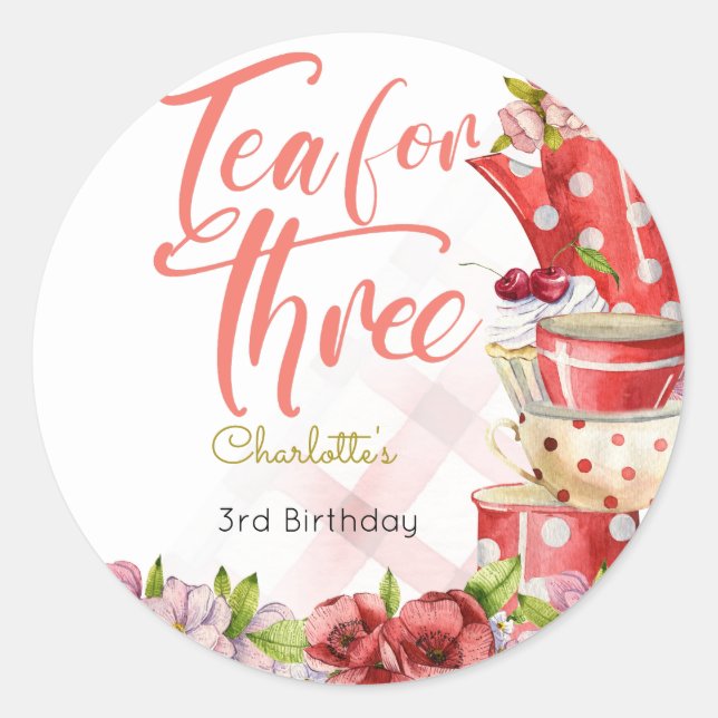 Sticker Rond Thé pour trois, fleur de thé troisième anniversair (Devant)