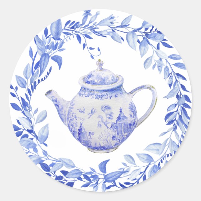 Sticker Rond Théière Bleue et Blanche avec Couronne de Feuilles (Devant)