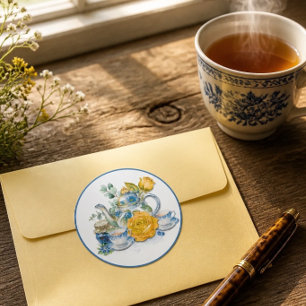 Sticker Rond Théière bleue et blanche de chinoiserie Roses Tea